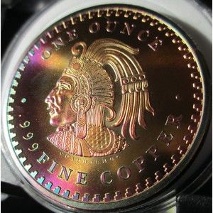 AZTEC CALENDER Rainbow Toned 1 Ounce Copper Round, STUNNING!!!